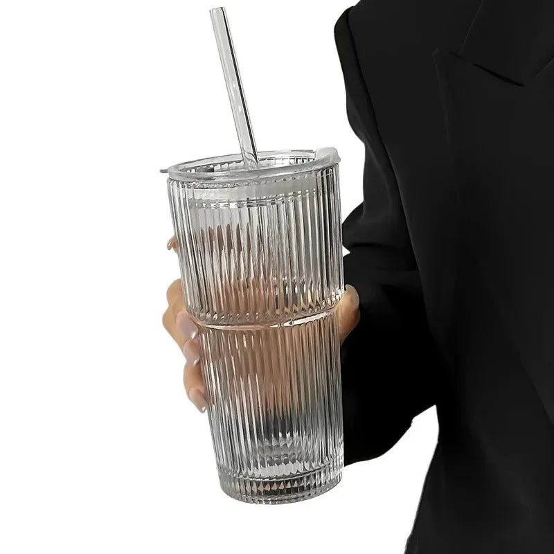 New 600Ml Stripe Glass Cup Transparent Glasses with Lid and Straw Ice Coffee Mug Tea Cup Juice Glass Milk Water Cup Drinkware