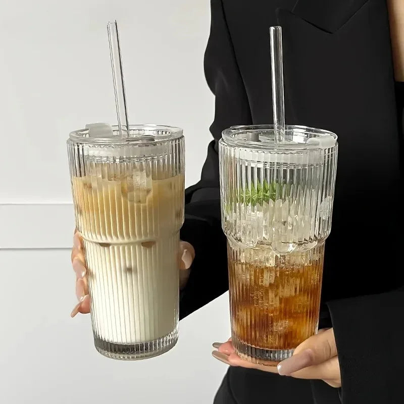 New 600Ml Stripe Glass Cup Transparent Glasses with Lid and Straw Ice Coffee Mug Tea Cup Juice Glass Milk Water Cup Drinkware