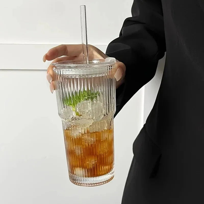 New 600Ml Stripe Glass Cup Transparent Glasses with Lid and Straw Ice Coffee Mug Tea Cup Juice Glass Milk Water Cup Drinkware