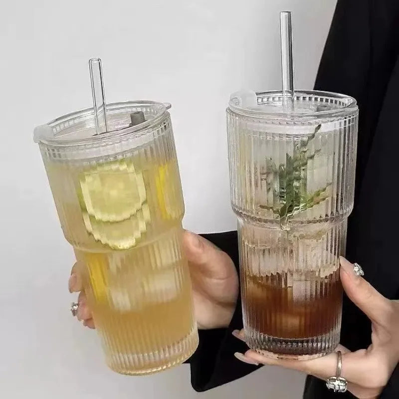 New 600Ml Stripe Glass Cup Transparent Glasses with Lid and Straw Ice Coffee Mug Tea Cup Juice Glass Milk Water Cup Drinkware