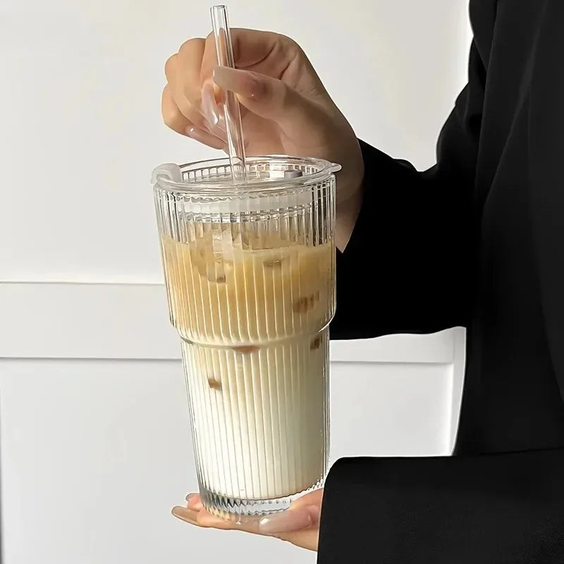New 600Ml Stripe Glass Cup Transparent Glasses with Lid and Straw Ice Coffee Mug Tea Cup Juice Glass Milk Water Cup Drinkware