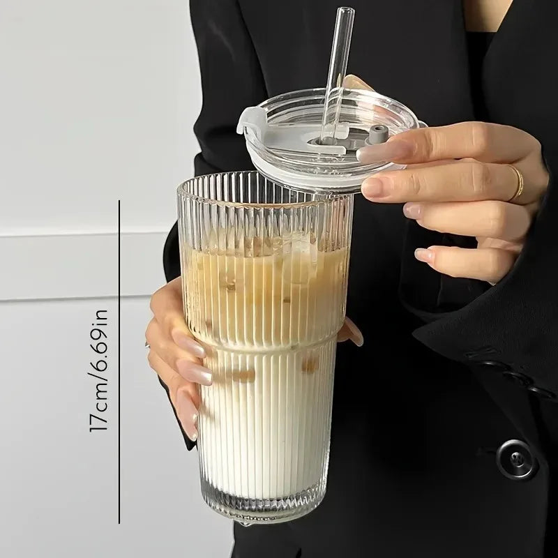 New 600Ml Stripe Glass Cup Transparent Glasses with Lid and Straw Ice Coffee Mug Tea Cup Juice Glass Milk Water Cup Drinkware